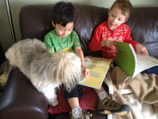 Kids reading to dogs and books to read before visiting the aquarium